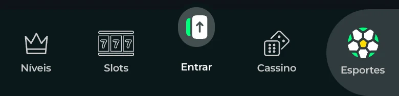 Barra de navegação inferior do site da Bullsbet no celular: Níveis, Slots, Entrar, Cassino e Esportes