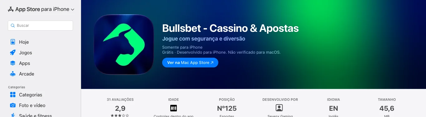 Ficha da Bullsbet na App Store: nome, editora Sevenx Gaming, nota 2,9 e requisitos de iOS