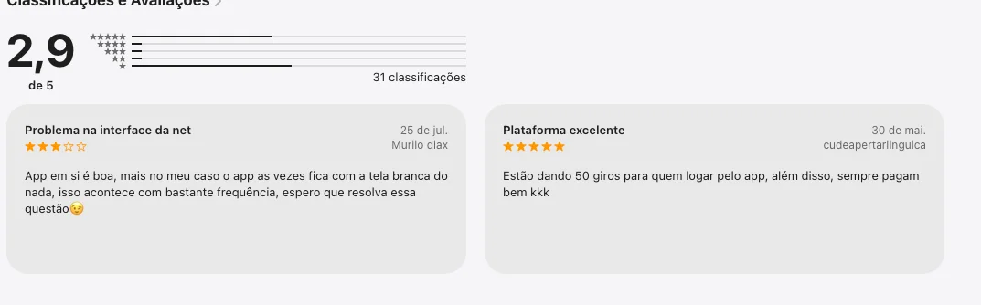 As duas avaliações com texto visíveis na ficha da Bullsbet na App Store