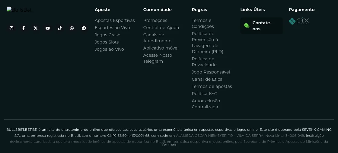 Rodapé da Bullsbet com a razão social SEVENX GAMING S/A, CNPJ e ícone de pagamento PIX