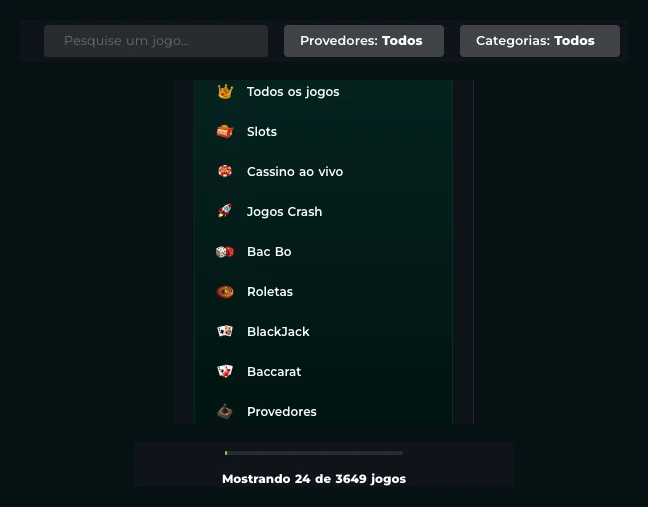 Lobby do cassino da Bullsbet: busca, filtros de provedores e categorias, menu de categorias e contador de jogos