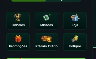 Atalho «Prêmio Diário» na barra lateral da Bullsbet, ao lado de Torneios, Missões, Loja, Promoções e Indique