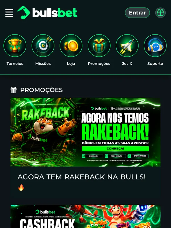 Página de promoções da Bullsbet no celular: banners de rakeback e cashback para slots e crash games
